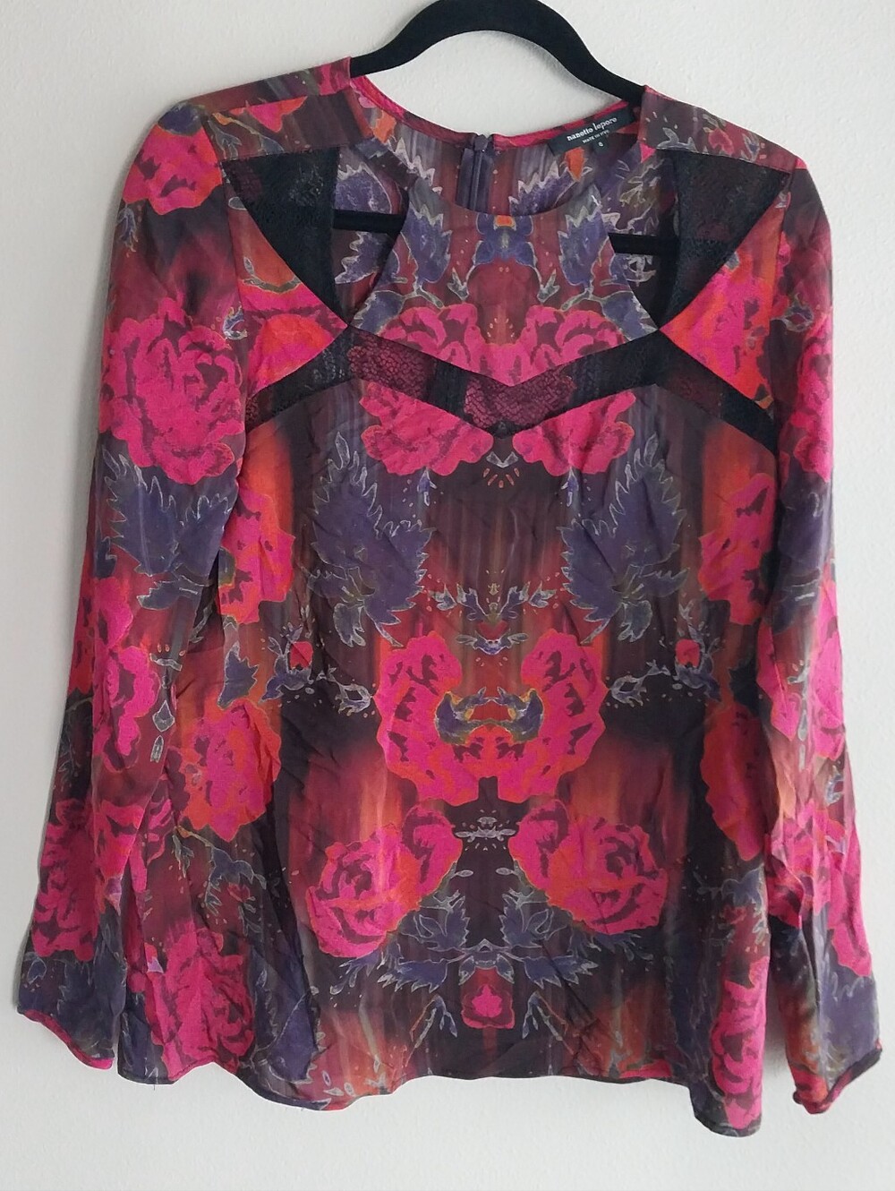 Nanette Lepore Vintage 100% Silk Multicolor Dark Floral Mesh Lace Top